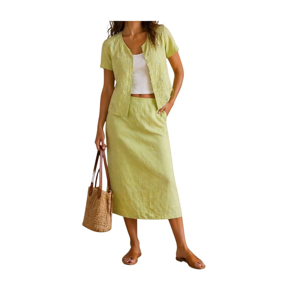 Vintage 2000s Plaza Collection Green Linen Cotton Skirt Suit Set Size 18 - Picture 7 of 7